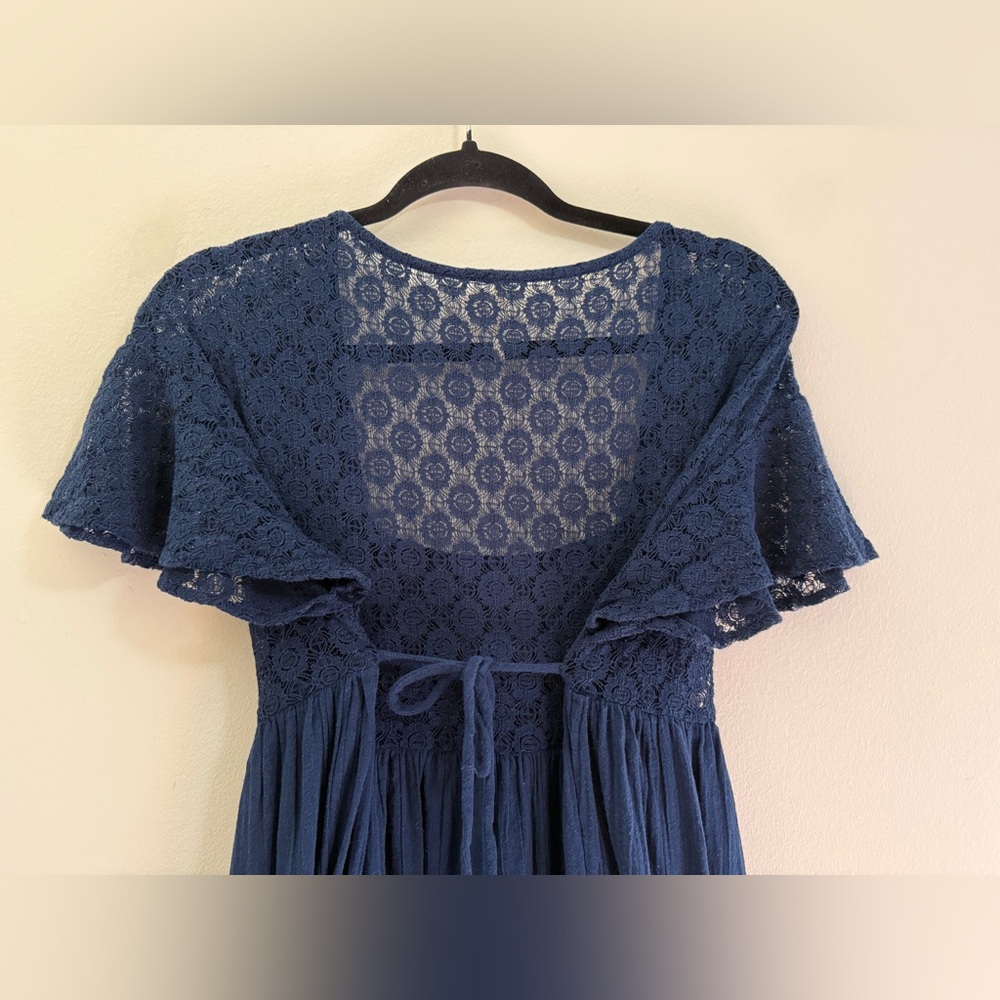 Free People Bring the Romance Handkerchief Hem Lace Maxi Dress in Navy Blue - S - Picture 9 of 13